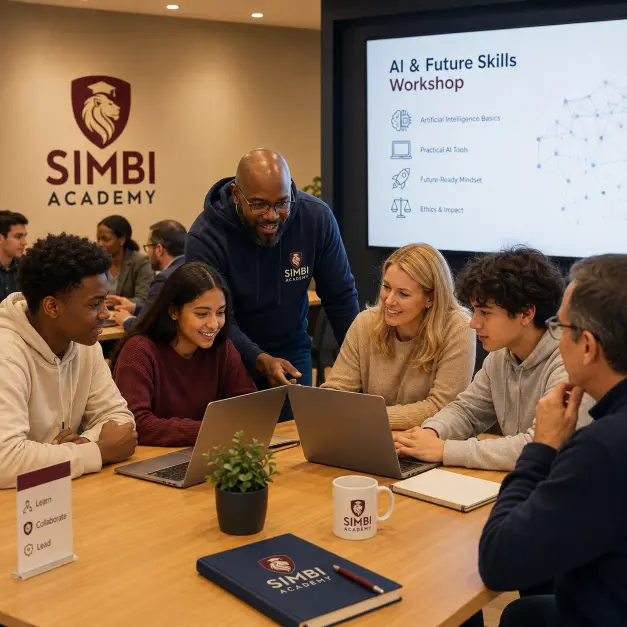 Uczestnicy warsztatów AI & Future Skills w Simbi Academy pracują przy laptopach z prowadzącym