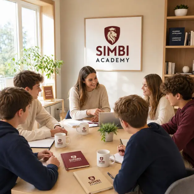 Prowadząca rozmawia z grupą młodzieży przy wspólnym stole w jasnej sali Simbi Academy