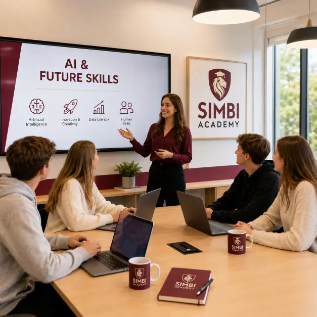 Prowadząca prezentuje temat AI & Future Skills na ekranie przed uczniami z laptopami w sali Simbi Academy