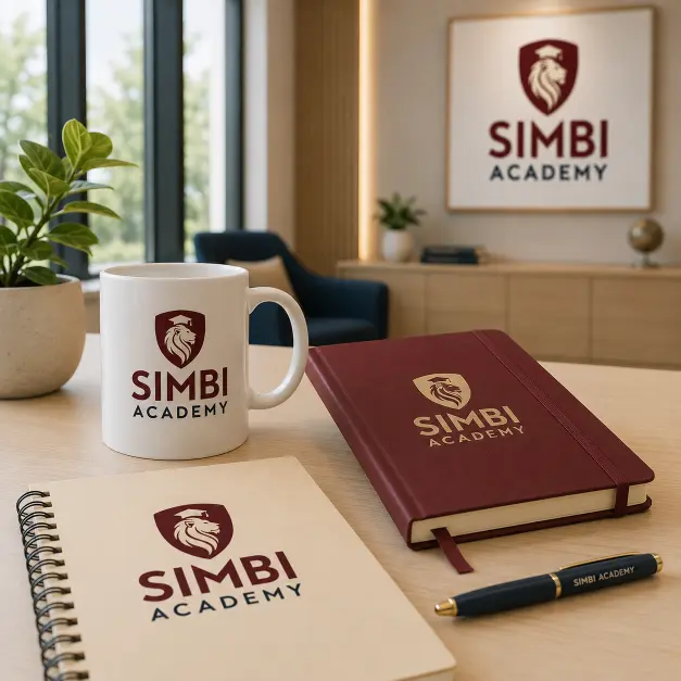 Materiały firmowe Simbi Academy – kubek, bordowy notes, kołozeszyt i długopis z logo na biurku w nowoczesnym wnętrzu