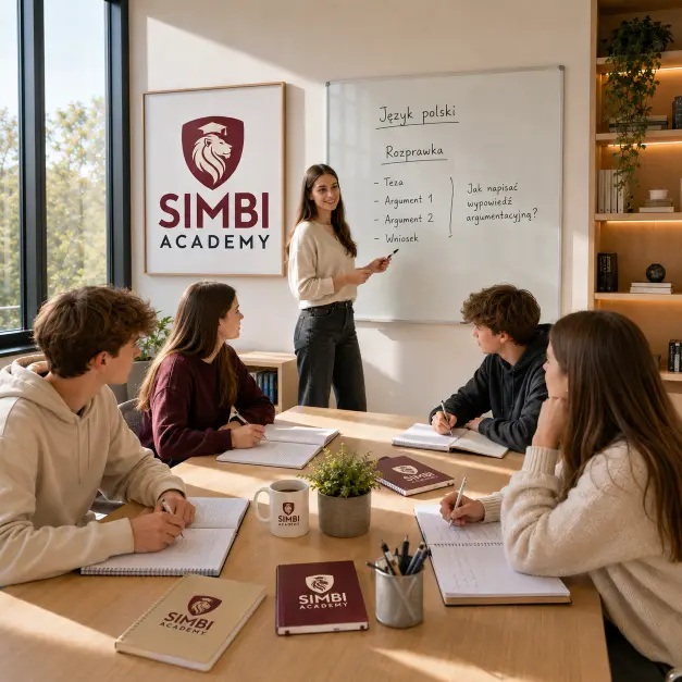 Lekcja języka polskiego w Simbi Academy – nauczycielka omawia budowę rozprawki na tablicy przed grupą uczniów
