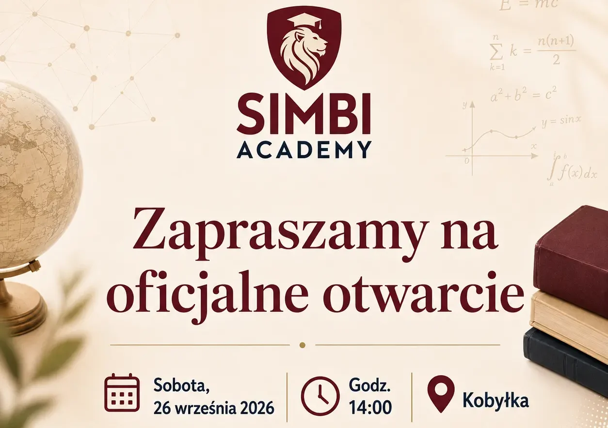 Grafika zapraszająca na oficjalne otwarcie SIMBI Academy – sobota, 26 września 2026, godzina 14:00, Kobyłka.